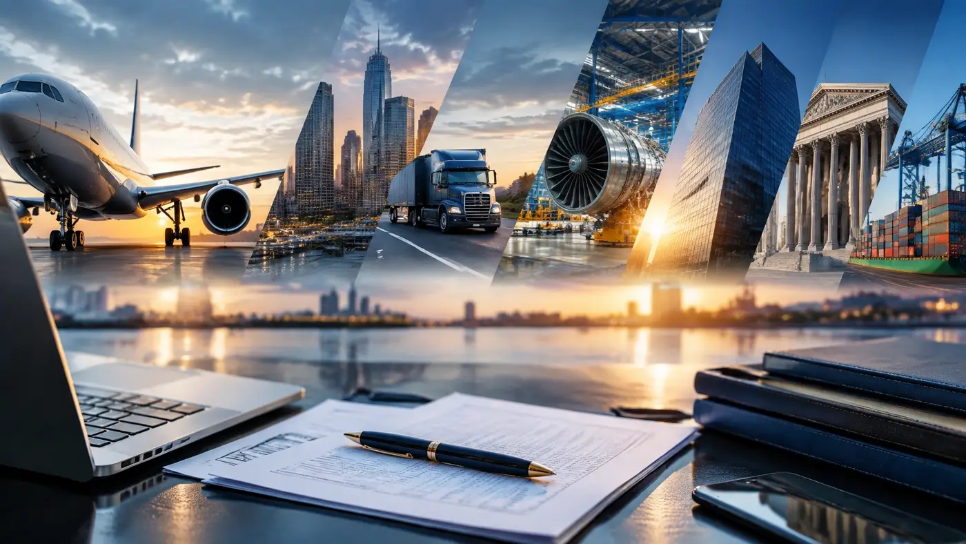 Aerospace aircraft, manufacturing, records, and review work arranged as an editorial collage