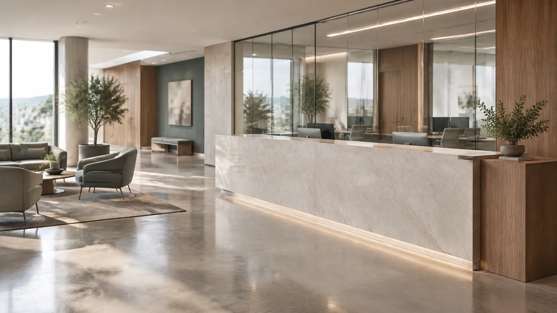 A modern corporate reception and administration space with glass offices.