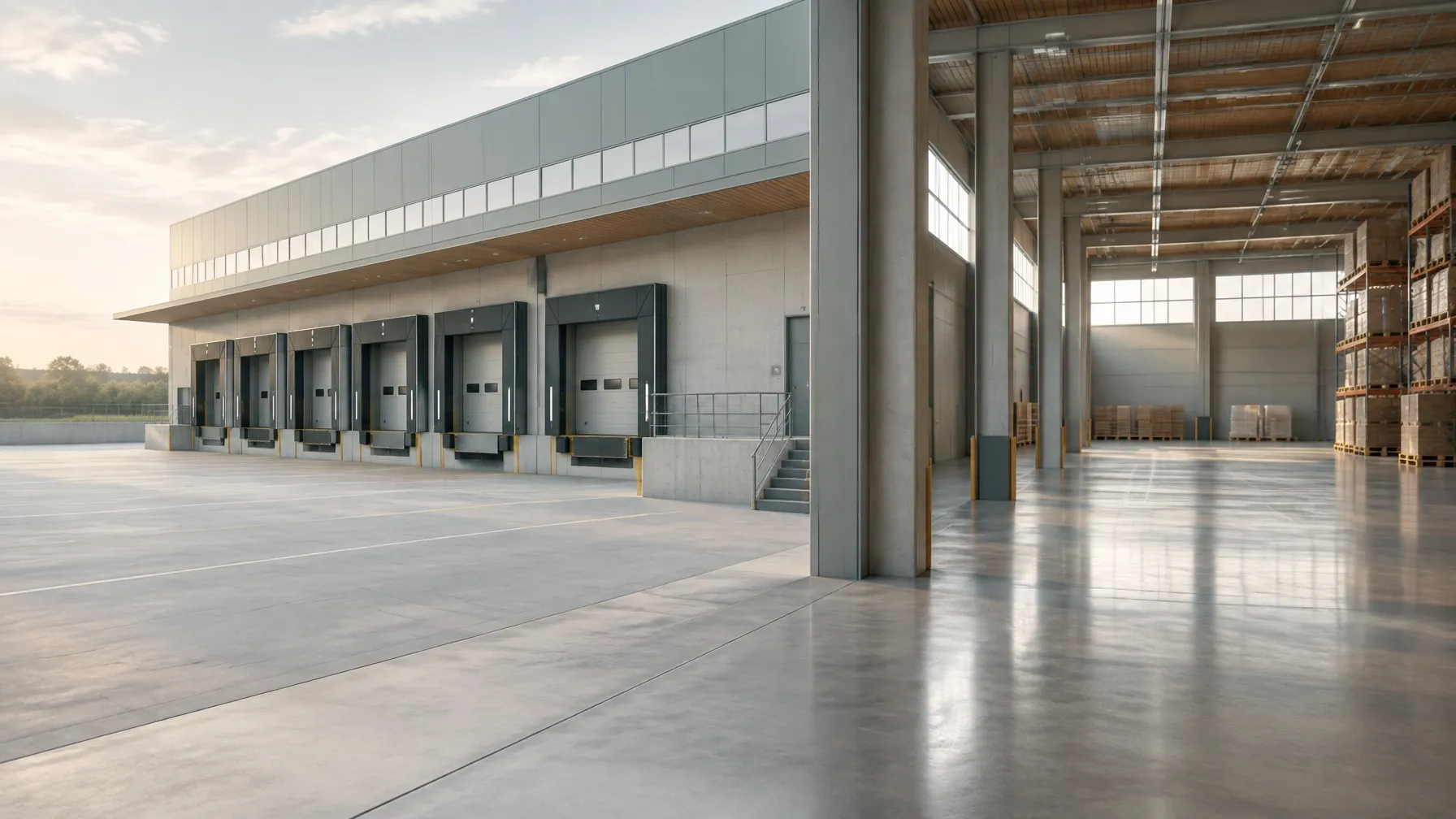 A modern logistics facility with aligned loading bays and an orderly warehouse interior.